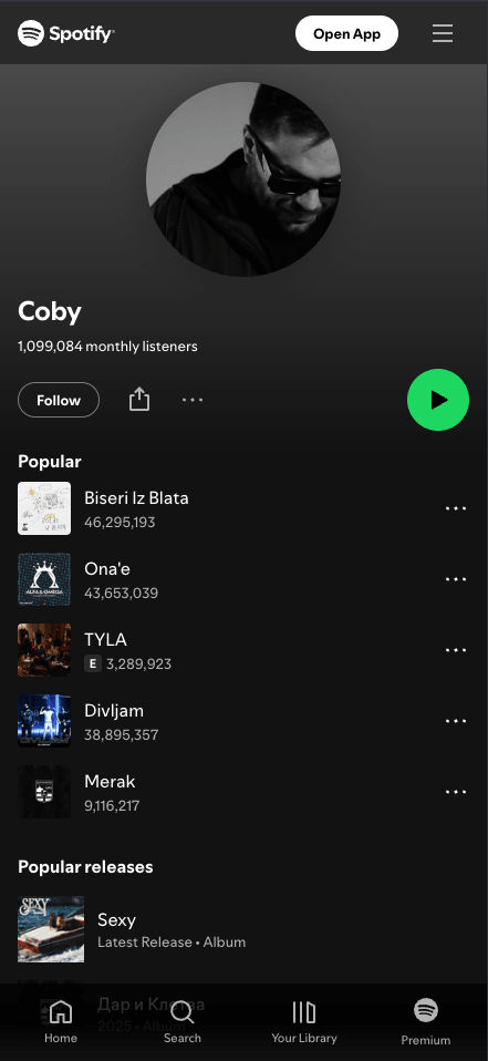 Coby's Spotify artist page: 1,099,084 monthly listeners, popular tracks and releases