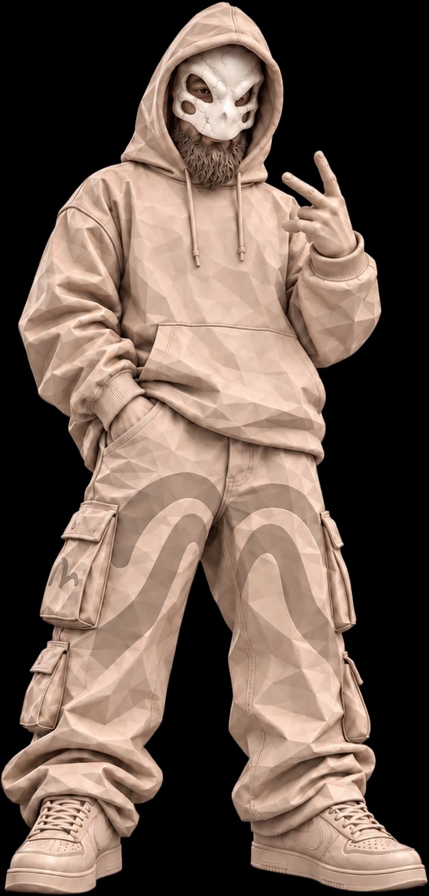 FAMUZ figure in a hooded low-poly streetwear set