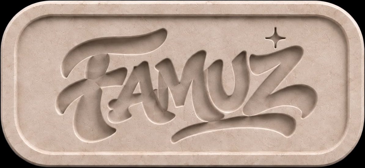 FAMUZ logo embossed into a sand-coloured plaque